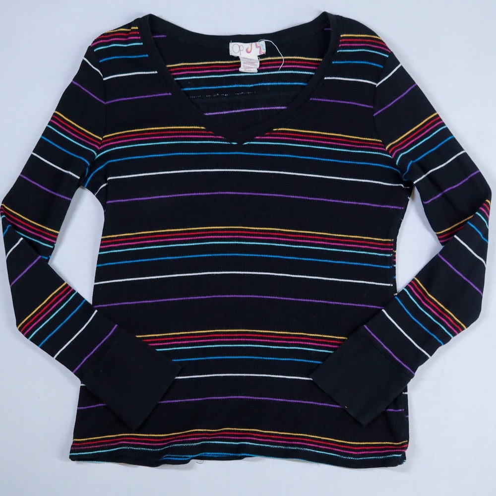 OP Ocean Pacific Striped Thermal Top Women XXL Black V-Neck Long Sleeve Y2K Tee